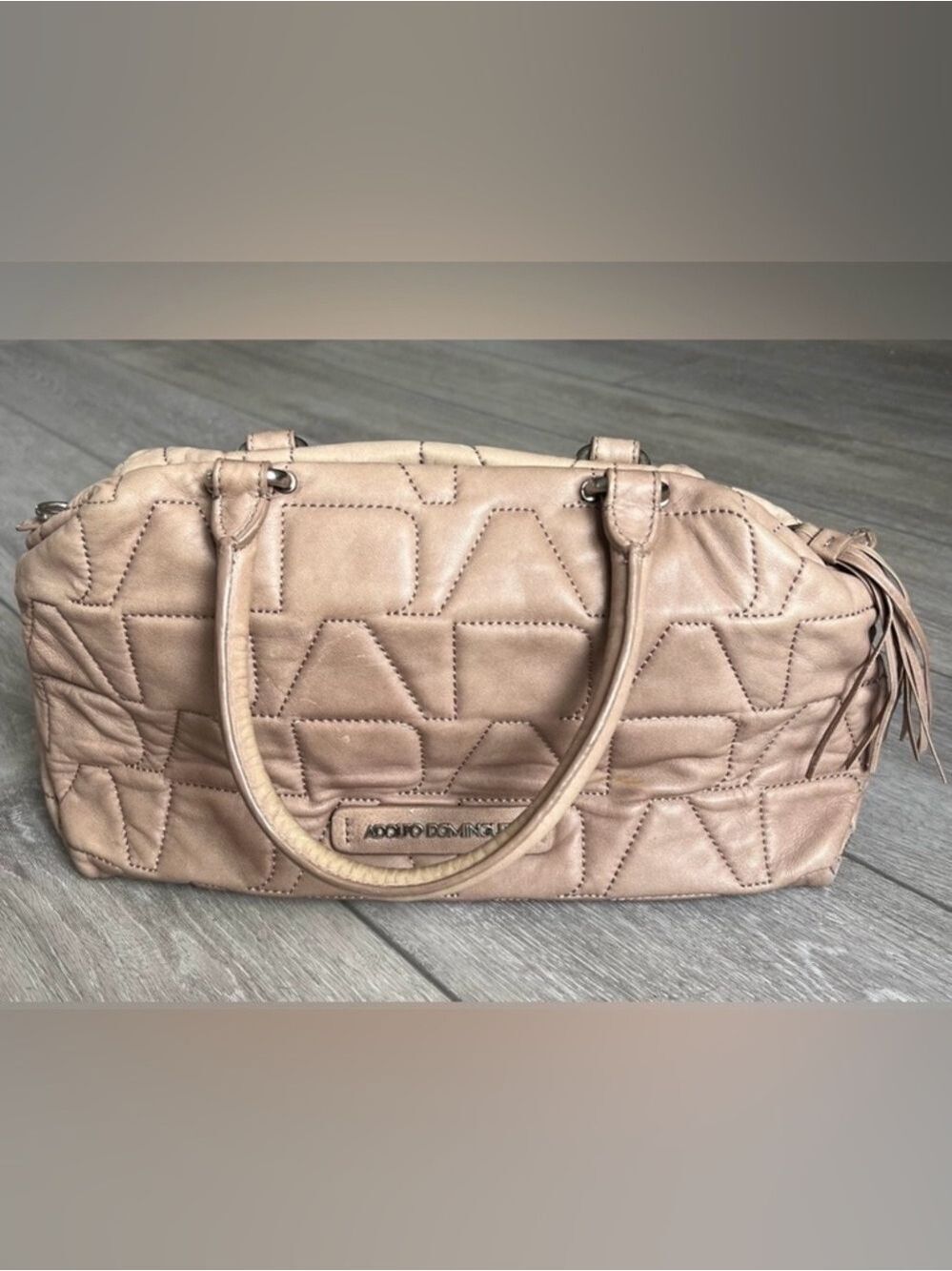 Adolfo Domingo neutral tan leather Quilted tassel barrel shoulder bag